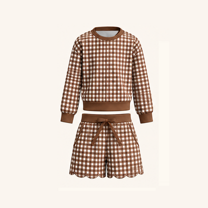 Christmas Gingham Plaid Girls Two-Piece Sweatshirt & Shorts Scallop Set