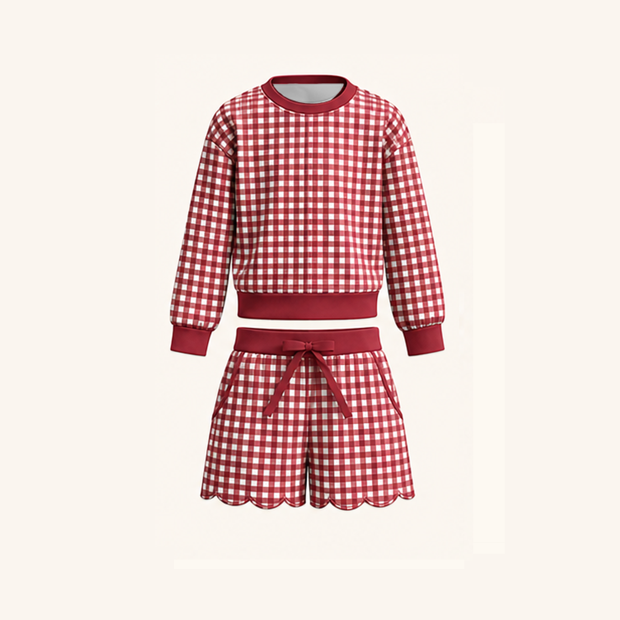 Christmas Gingham Plaid Girls Two-Piece Sweatshirt & Shorts Scallop Set