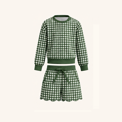 Christmas Gingham Plaid Girls Two-Piece Sweatshirt & Shorts Scallop Set