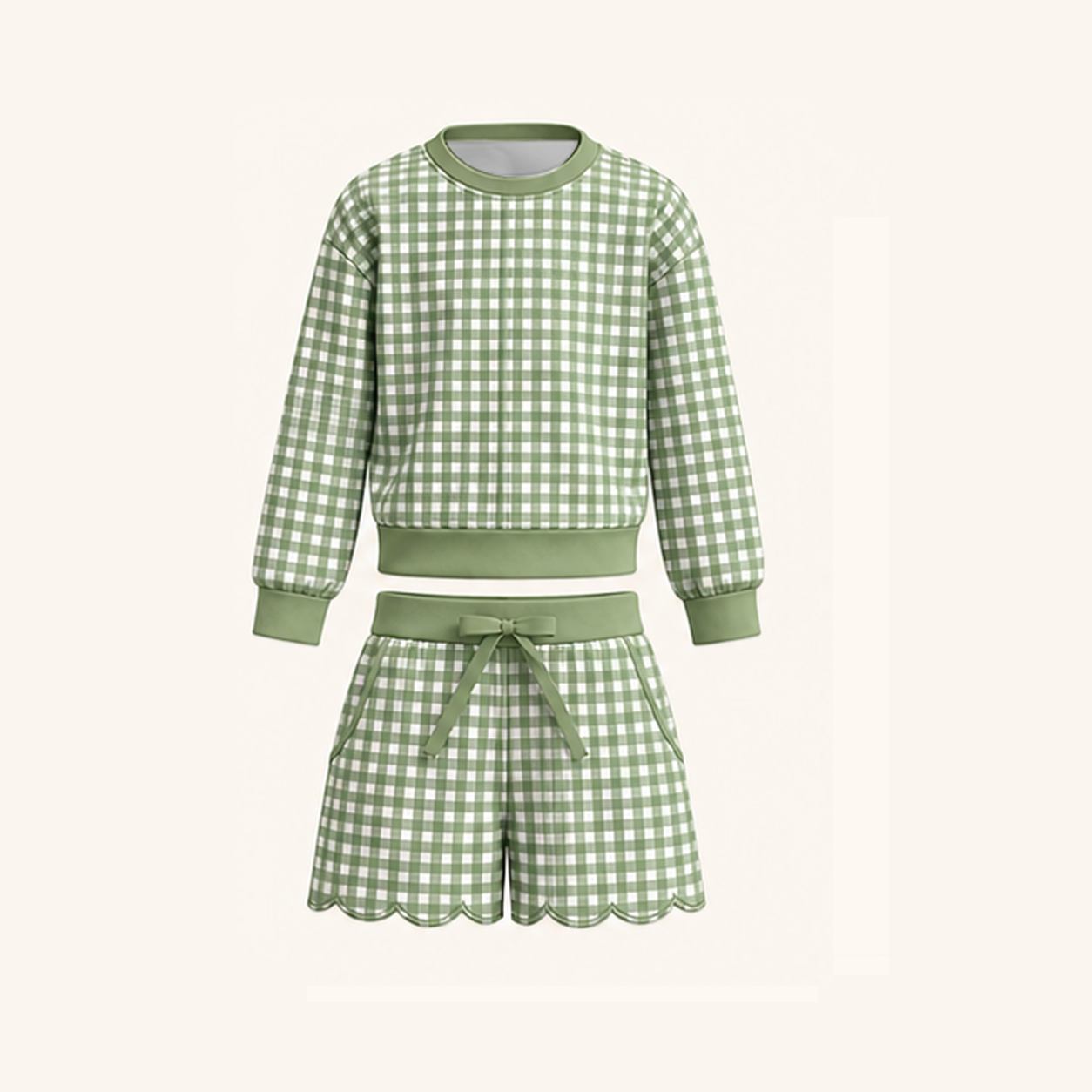 Christmas Gingham Plaid Girls Two-Piece Sweatshirt & Shorts Scallop Set