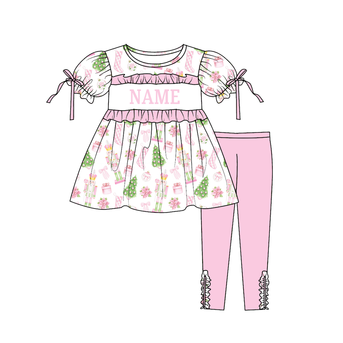 Personalized Pink Christmas Smocked Girls Outfit – Custom Name Nutcracker Dress, Ruffle Pants Set & Baby Romper