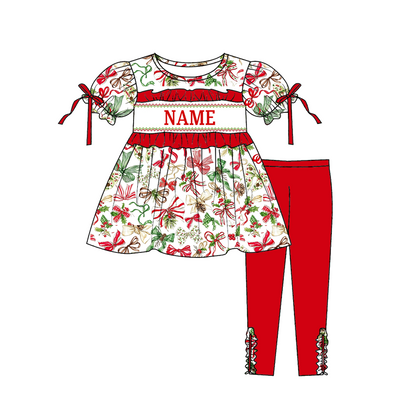 Personalized Christmas Bow Smocked Embroidery Girls Collection – Custom Name Holiday Dress, Pant Set & Baby Romper