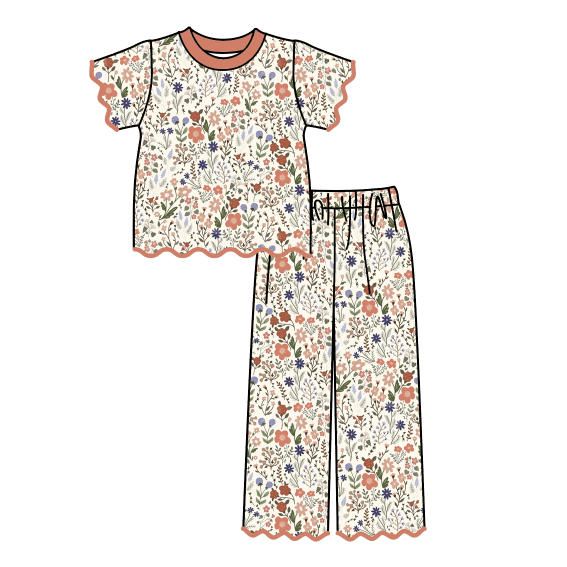 Girls Fall Scallop Two-Piece Set – Floral & Bow Print Ruffle Top with Wide Leg Pants