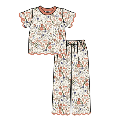 Girls Fall Scallop Two-Piece Set – Floral & Bow Print Ruffle Top with Wide Leg Pants