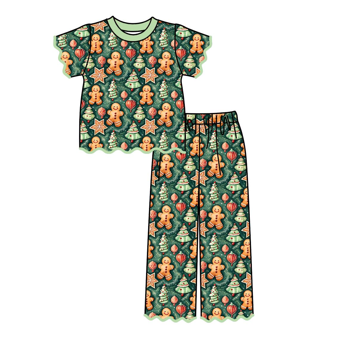 Girls Christmas Pajama Set – Holiday Character & Gingerbread Print Scallop Two-Piece Outfit