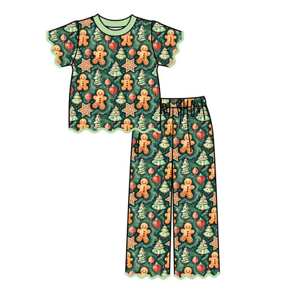 Girls Christmas Pajama Set – Holiday Character & Gingerbread Print Scallop Two-Piece Outfit