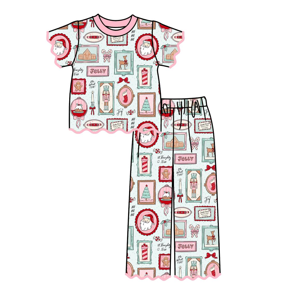 Christmas Girls Scallop Pajama Set – Festive Holiday Print Short Sleeve Top & Leg Pants