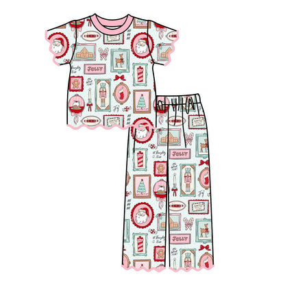 Christmas Girls Scallop Pajama Set – Festive Holiday Print Short Sleeve Top & Leg Pants