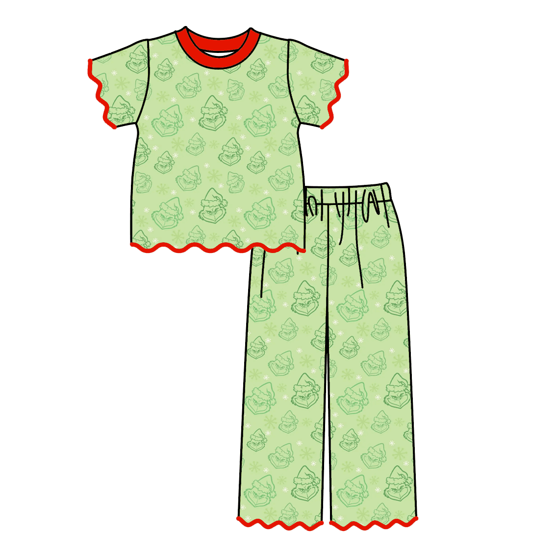 Girls Christmas Pajama Set – Holiday Character & Gingerbread Print Scallop Two-Piece Outfit
