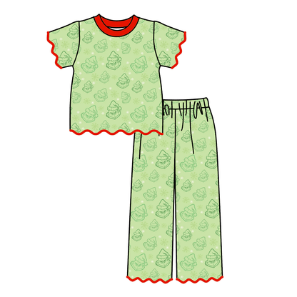Girls Christmas Pajama Set – Holiday Character & Gingerbread Print Scallop Two-Piece Outfit