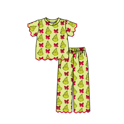 Girls Christmas Pajama Set – Holiday Character & Gingerbread Print Scallop Two-Piece Outfit