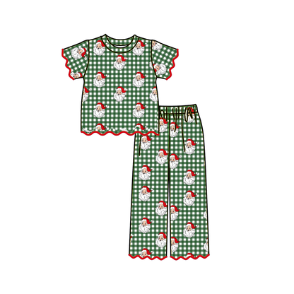 Girls Christmas Santa Gingham Scallop Pant Set – Holiday Two-Piece Outfit