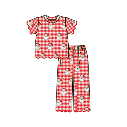 Girls Christmas Santa Gingham Scallop Pant Set – Holiday Two-Piece Outfit