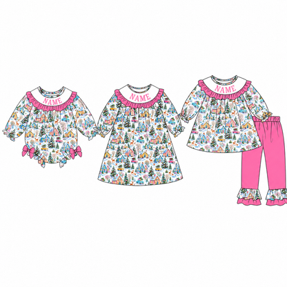 Personalized Girls Christmas Smocked Outfits – Custom Name Embroidery Winter Village Print Dress, Ruffle Pants Set & Baby Romper