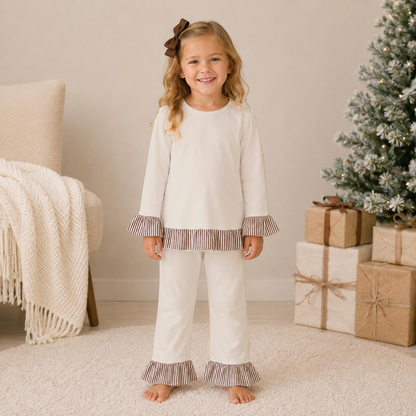 Girls Fall Winter Christmas Ruffle Pants Set – Long Sleeve Striped Ruffle Top & Flare Pants 2-Piece Outfit