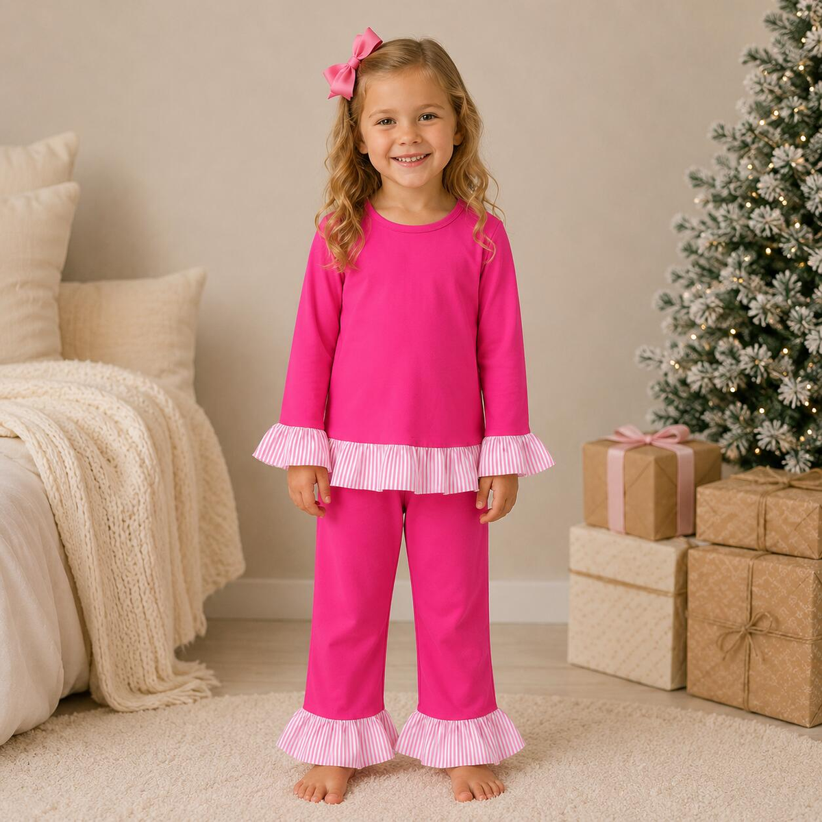 Girls Fall Winter Christmas Ruffle Pants Set – Long Sleeve Striped Ruffle Top & Flare Pants 2-Piece Outfit