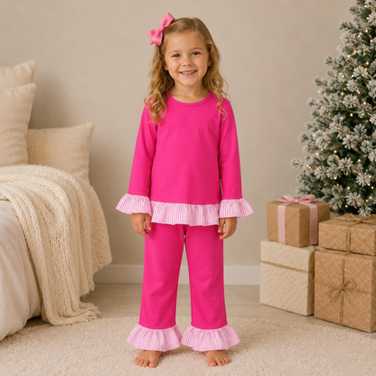 Girls Fall Winter Christmas Ruffle Pants Set – Long Sleeve Striped Ruffle Top & Flare Pants 2-Piece Outfit