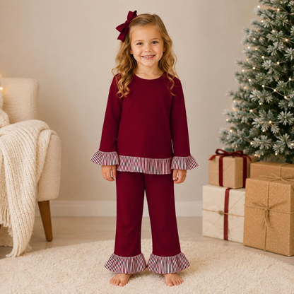 Girls Fall Winter Christmas Ruffle Pants Set – Long Sleeve Striped Ruffle Top & Flare Pants 2-Piece Outfit