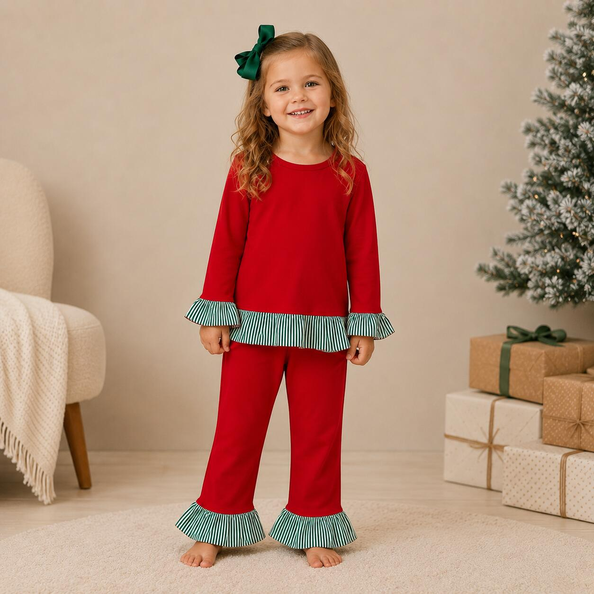 Girls Fall Winter Christmas Ruffle Pants Set – Long Sleeve Striped Ruffle Top & Flare Pants 2-Piece Outfit