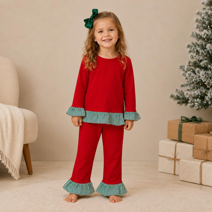 Girls Fall Winter Christmas Ruffle Pants Set – Long Sleeve Striped Ruffle Top & Flare Pants 2-Piece Outfit