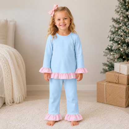 Girls Fall Winter Christmas Ruffle Pants Set – Long Sleeve Striped Ruffle Top & Flare Pants 2-Piece Outfit
