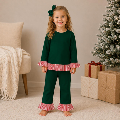 Girls Fall Winter Christmas Ruffle Pants Set – Long Sleeve Striped Ruffle Top & Flare Pants 2-Piece Outfit