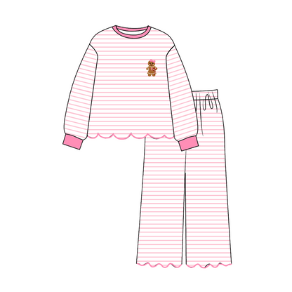 Pink Gingerbread Christmas Girls Matching Dress, Romper & Ruffle Pant Set