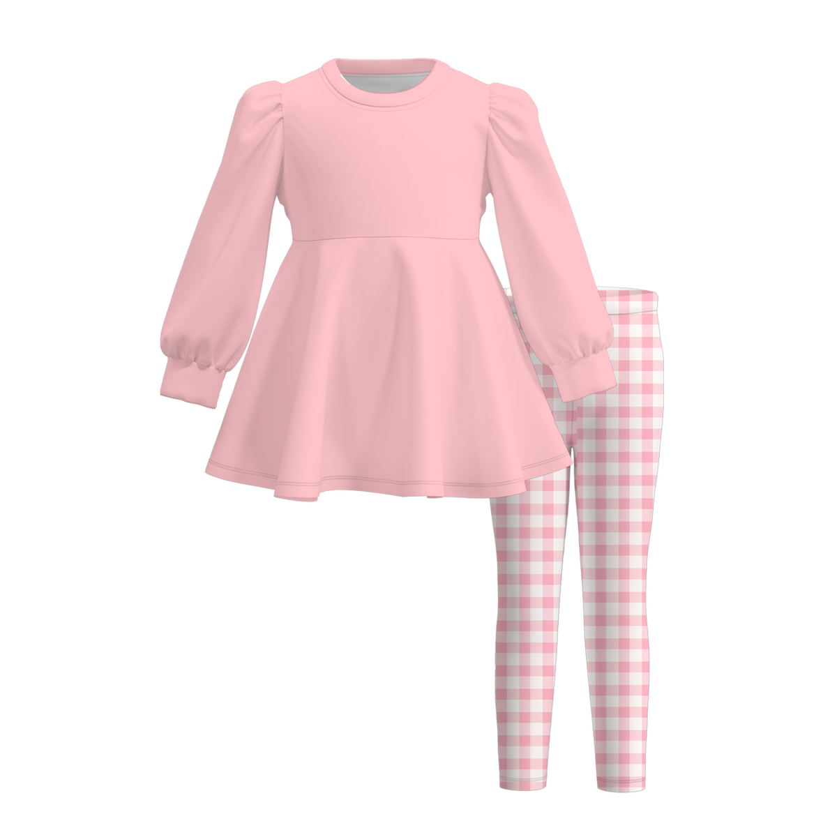Girls Fall Winter Gingham Plaid Leggings Set – Long Sleeve Puff Sleeve Peplum Tunic Top & Checkered Pants 2-Piece Outfit