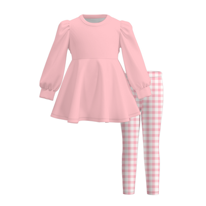 Girls Fall Winter Gingham Plaid Leggings Set – Long Sleeve Puff Sleeve Peplum Tunic Top & Checkered Pants 2-Piece Outfit