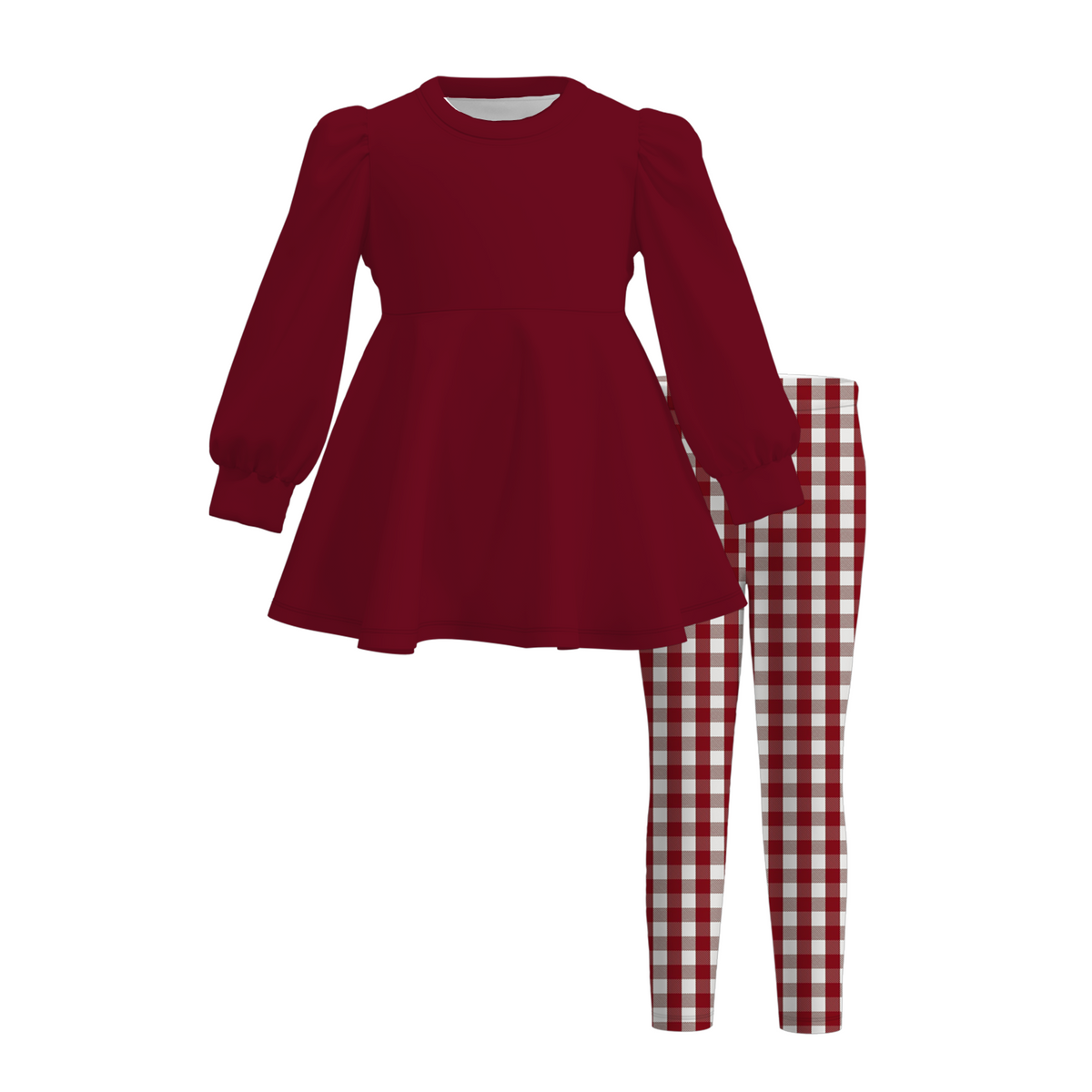 Girls Fall Winter Gingham Plaid Leggings Set – Long Sleeve Puff Sleeve Peplum Tunic Top & Checkered Pants 2-Piece Outfit