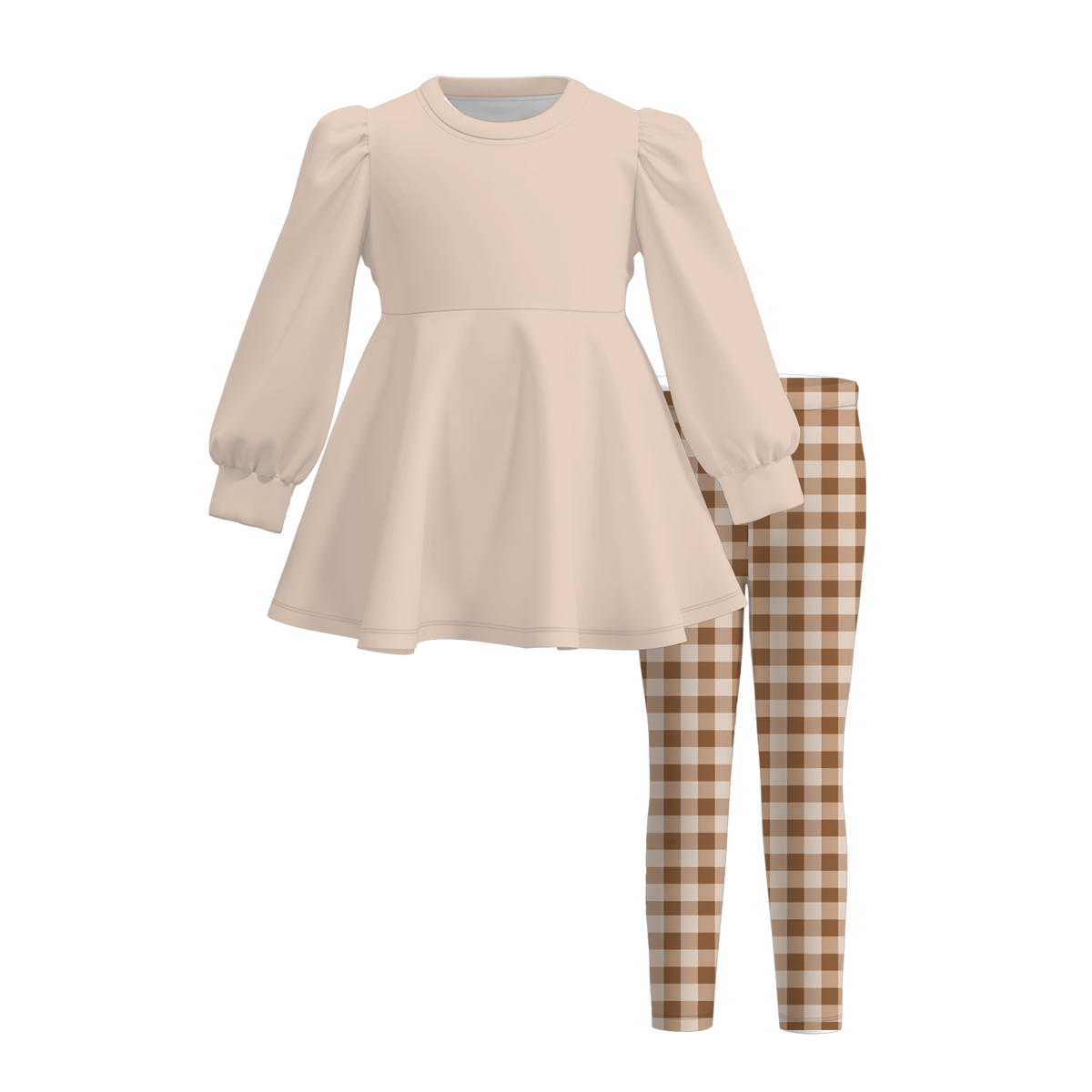 Girls Fall Winter Gingham Plaid Leggings Set – Long Sleeve Puff Sleeve Peplum Tunic Top & Checkered Pants 2-Piece Outfit