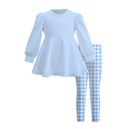Girls Fall Winter Gingham Plaid Leggings Set – Long Sleeve Puff Sleeve Peplum Tunic Top & Checkered Pants 2-Piece Outfit