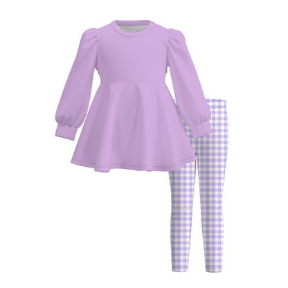 Girls Fall Winter Gingham Plaid Leggings Set – Long Sleeve Puff Sleeve Peplum Tunic Top & Checkered Pants 2-Piece Outfit