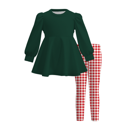 Girls Fall Winter Gingham Plaid Leggings Set – Long Sleeve Puff Sleeve Peplum Tunic Top & Checkered Pants 2-Piece Outfit