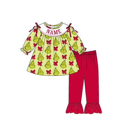Girls Christmas Personalized Smocked Outfit – Custom Name Embroidery Grinch-Inspired Holiday Dress, Ruffle Pants Set & Baby Romper