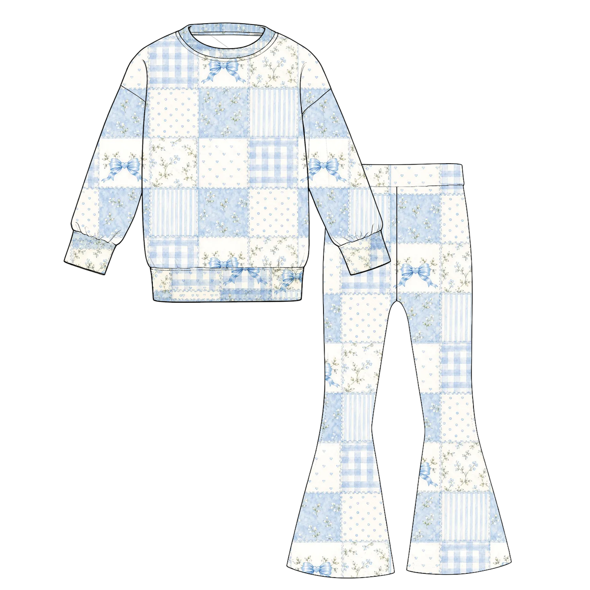 Christmas Blue & Pink Patchwork Family Matching Collection – Girls Dress, Romper, Skirt & Flare Pant Sets, Women’s Maxi Dress