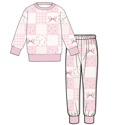 Christmas Blue & Pink Patchwork Family Matching Collection – Girls Dress, Romper, Skirt & Flare Pant Sets, Women’s Maxi Dress