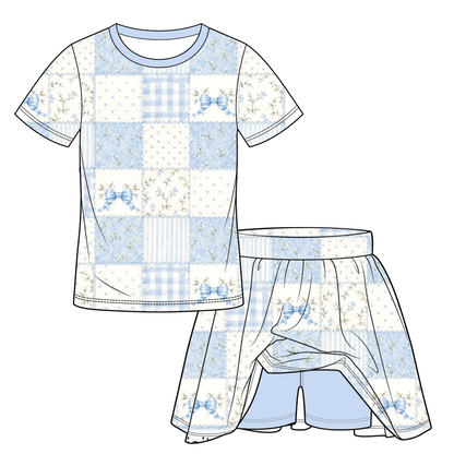 Christmas Blue & Pink Patchwork Family Matching Collection – Girls Dress, Romper, Skirt & Flare Pant Sets, Women’s Maxi Dress