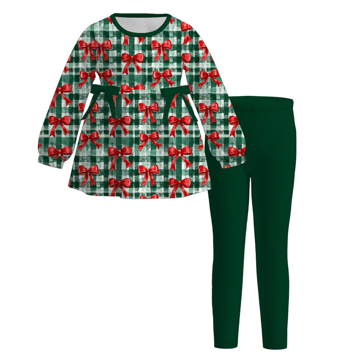 Christmas Girls Long Sleeve Tunic & Leggings Set – Holiday Bow Gingerbread Snowman Print Two-Piece Outfit