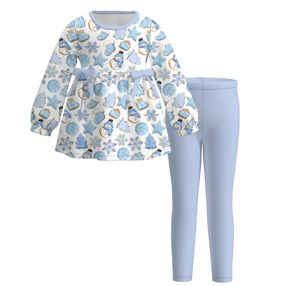 Christmas Girls Long Sleeve Tunic & Leggings Set – Holiday Bow Gingerbread Snowman Print Two-Piece Outfit