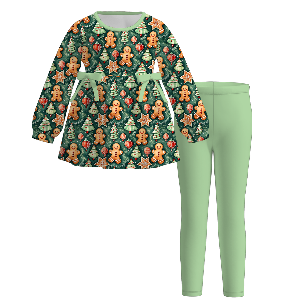 Christmas Girls Long Sleeve Tunic & Leggings Set – Holiday Bow Gingerbread Snowman Print Two-Piece Outfit