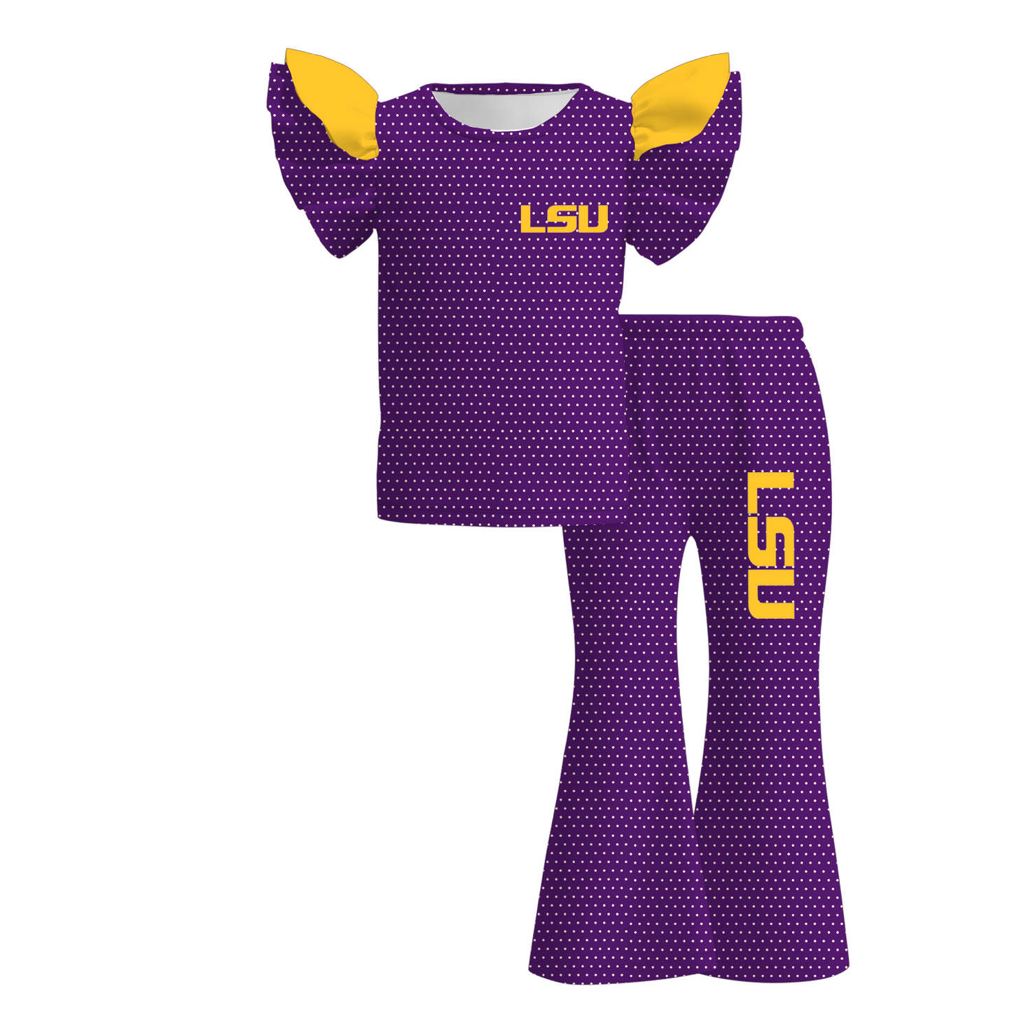 Girls Game Day Ruffle Flare Pants Set – Football Print Team Spirit Polka Dot Outfit