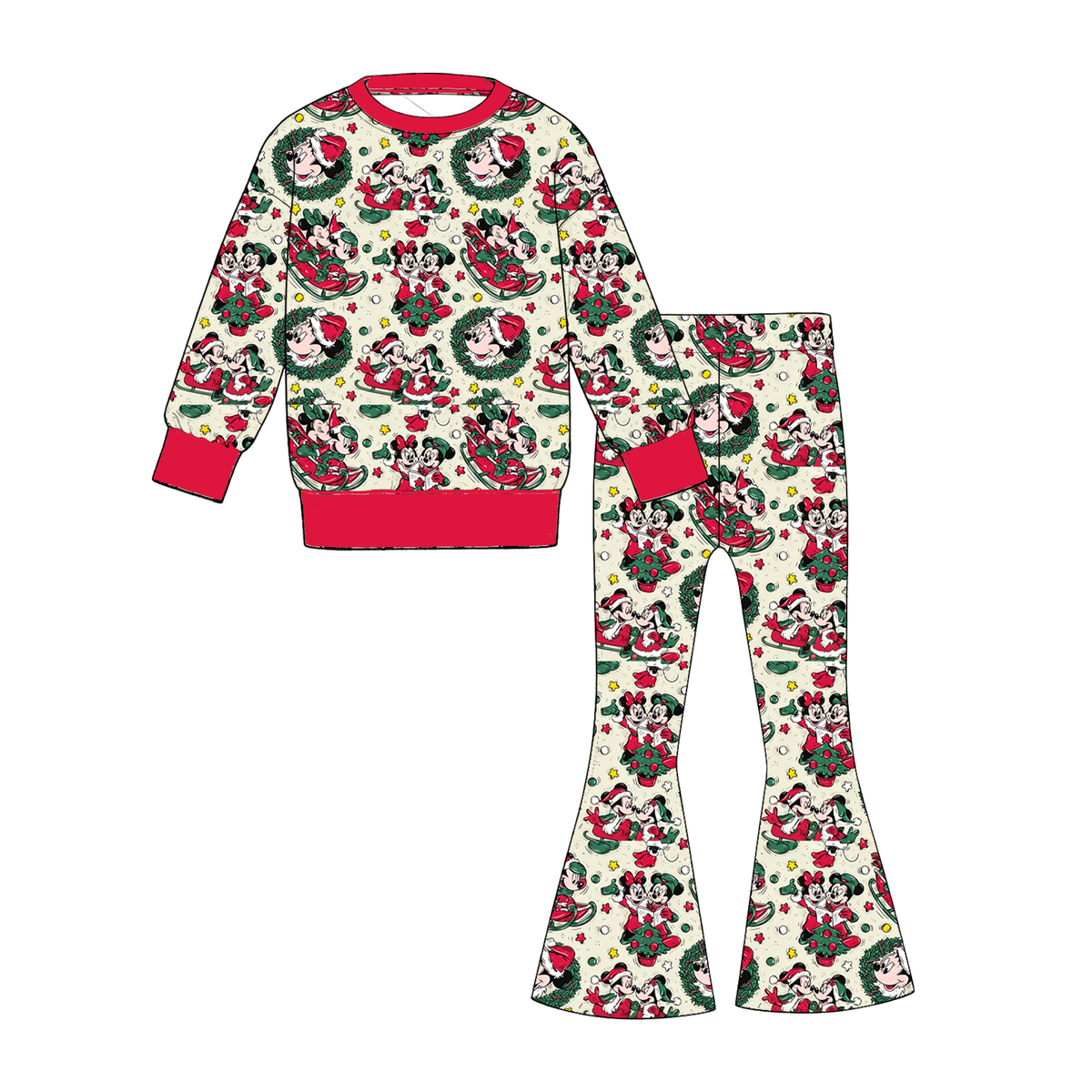 Girls Christmas Character Print Two-Piece Outfit – Long Sleeve Top & Flare Pants Holiday Set
