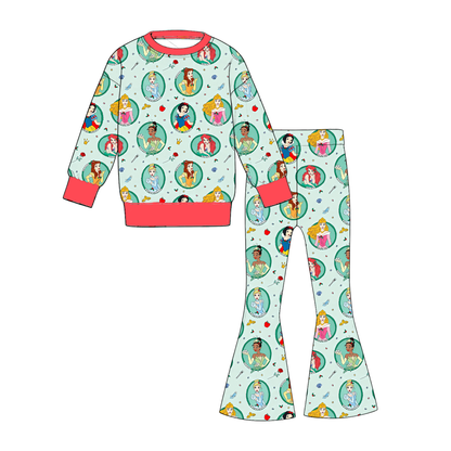 Girls Christmas Character Print Two-Piece Outfit – Long Sleeve Top & Flare Pants Holiday Set