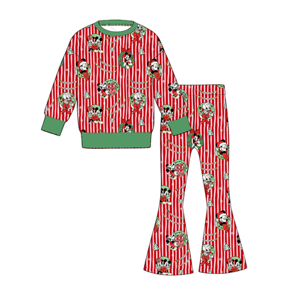 Girls Christmas Character Print Two-Piece Outfit – Long Sleeve Top & Flare Pants Holiday Set