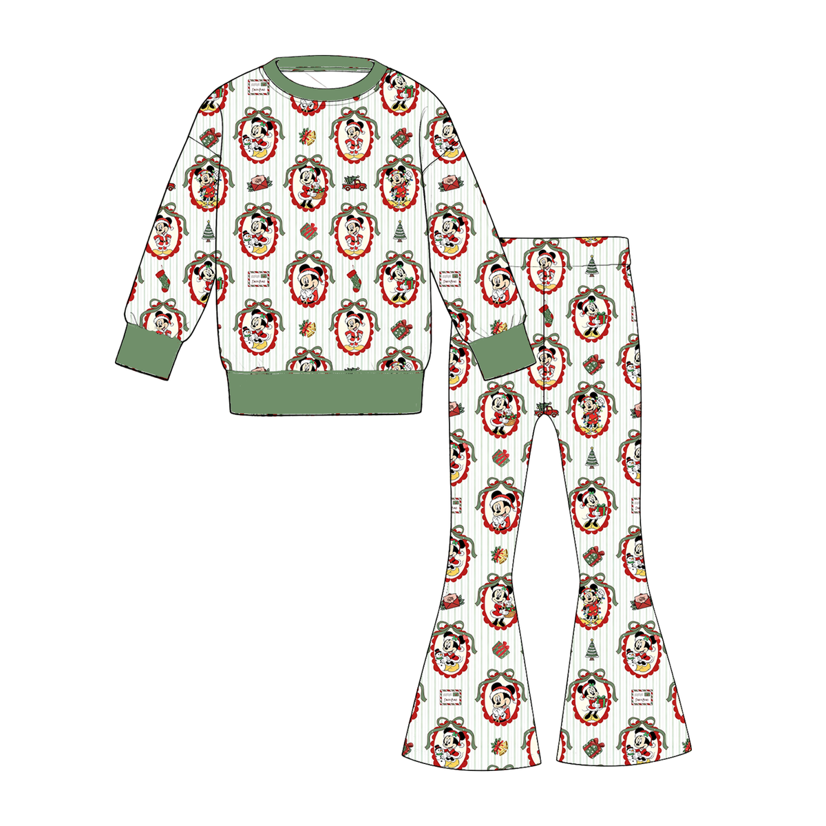 Girls Christmas Character Print Two-Piece Outfit – Long Sleeve Top & Flare Pants Holiday Set