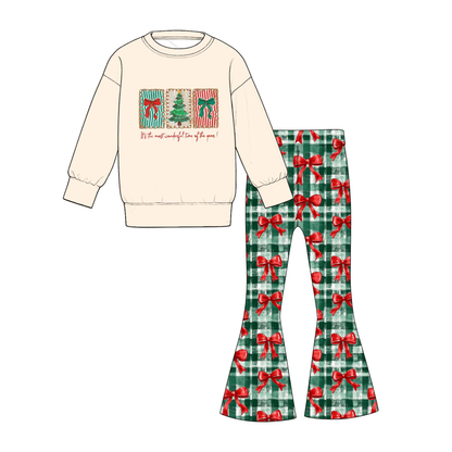 Girls Christmas Printed Sweatshirt & Flare Pants Set – Holiday Long Sleeve Two-Piece Outfit
