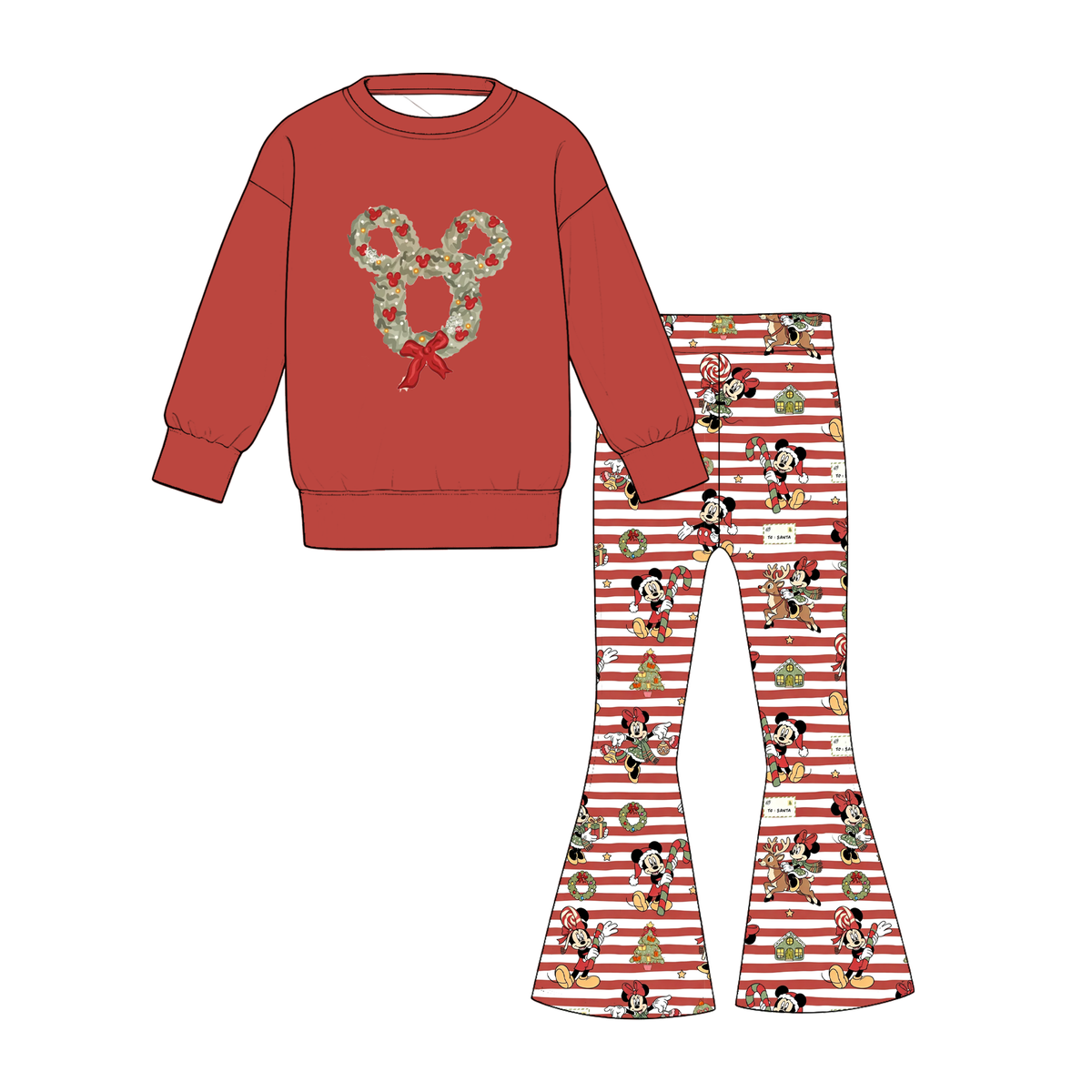 Girls Christmas Printed Sweatshirt & Flare Pants Set – Holiday Long Sleeve Two-Piece Outfit