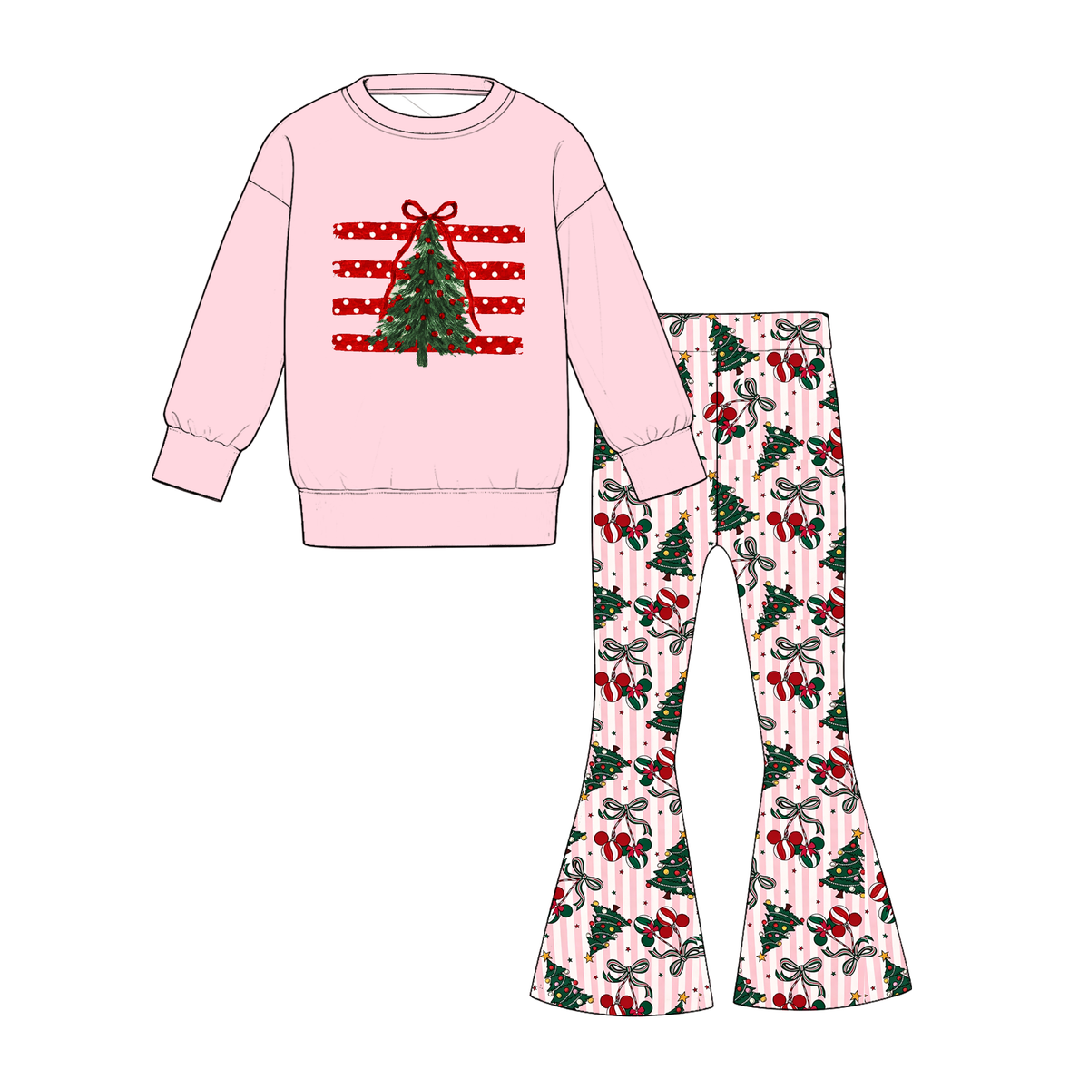 Girls Christmas Printed Sweatshirt & Flare Pants Set – Holiday Long Sleeve Two-Piece Outfit