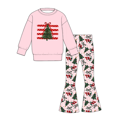 Girls Christmas Printed Sweatshirt & Flare Pants Set – Holiday Long Sleeve Two-Piece Outfit